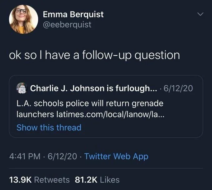 ok so I have a follow-up question

Charlie J. Johnson is furlough.... 6/12/20
L.A. schools police will return grenade launchers latimes.com/local/lanow/la... Show this thread
