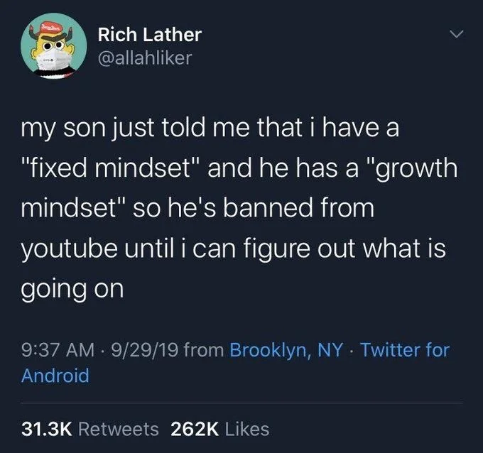 my son just told me that i have a
"fixed mindset" and he has a "growth mindset" so he's banned from
youtube until i can figure out what is going on