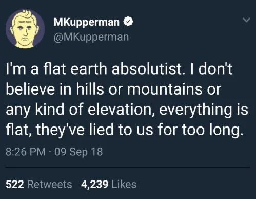 I'm a flat earth absolutist. I don't believe in hills or mountains or any kind of elevation, everything is flat, they've lied to us for too long.