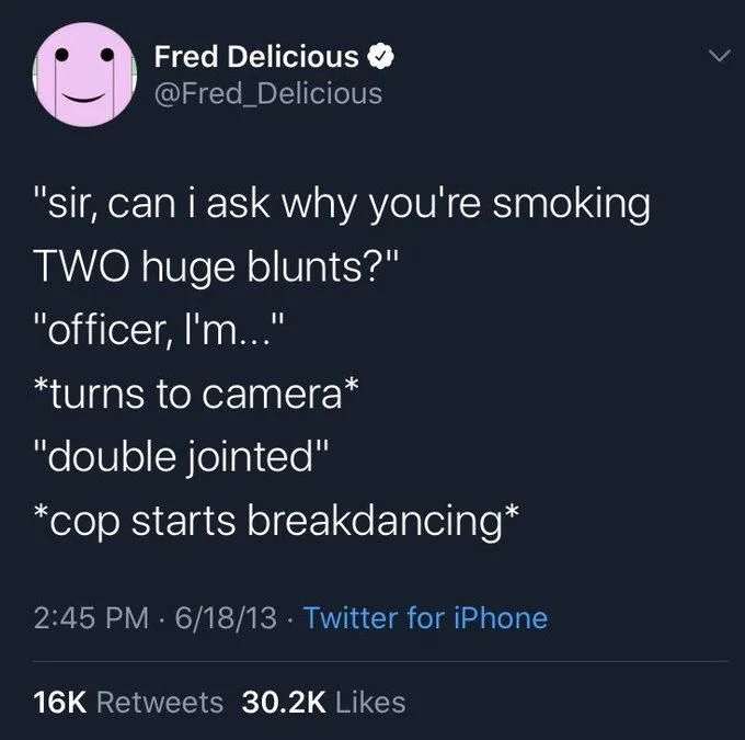 "sir, can i ask why you're smoking
TWO huge blunts?"
"officer, I'm..."
*turns to camera*
"double jointed"
* cop starts breakdancing*