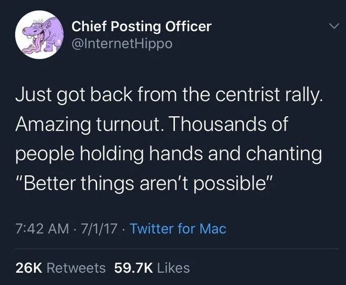 Just got back from the centrist rally. Amazing turnout. Thousands of people holding hands and chanting "Better things aren't possible"