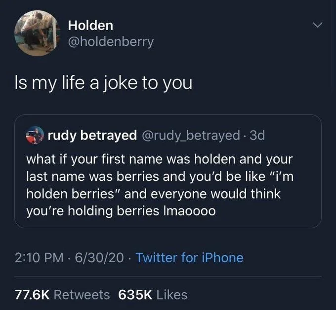 Is my life a joke to you

rudy betrayed @rudy_betrayed
what if your first name was holden and your last name was berries and you'd be like "i'm holden berries" and everyone would think you're holding berries Imaoooo