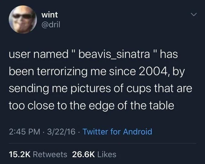 user named " beavis_sinatra " has been terrorizing me since 2004, by sending me pictures of cups that are too close to the edge of the table