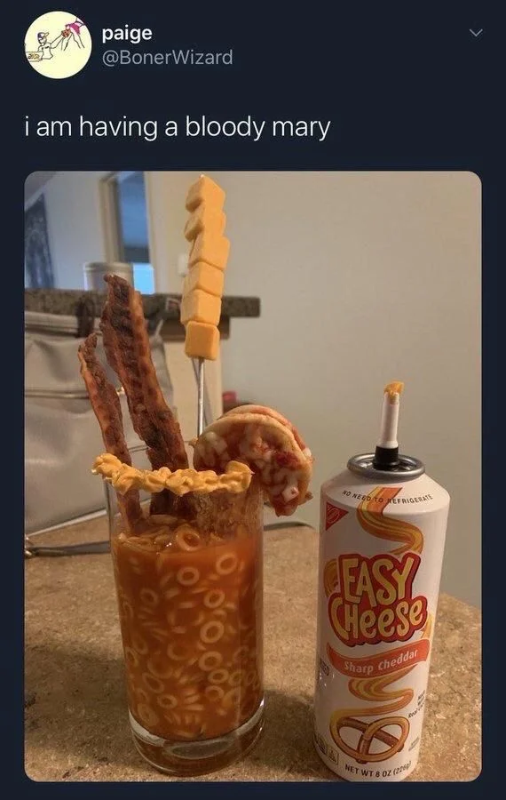 i am having a Bloody Mary

(photo of Bloody Mary made with spaghettios and easy cheese)