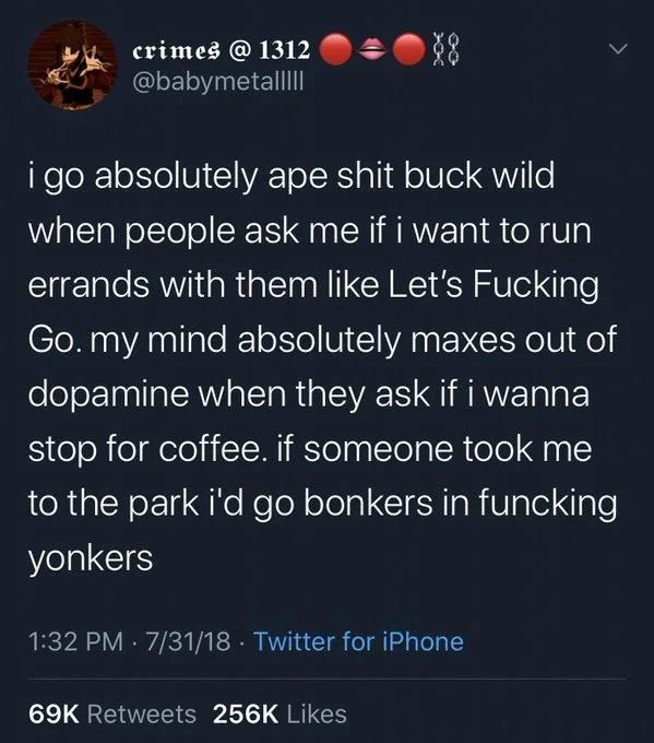 i go absolutely ape shit buck wild when people ask me if i want to run errands with them like Let's Fucking Go. my mind absolutely maxes out of dopamine when they ask if i wanna stop for coffee. if someone took me to the park i'd go bonkers in funcking yonkers