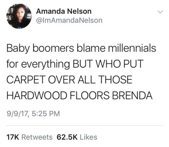 Nelson
Baby boomers blame millennials
for everything BUT WHO PUT CARPET OVER ALL THOSE HARDWOOD FLOORS BRENDA