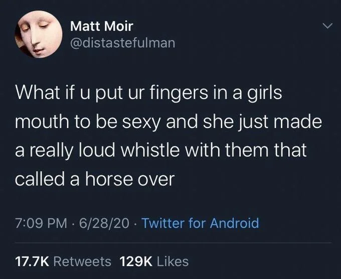 what if you put your fingers in a girls mouth to be sexy and she just made a really loud whistle with them that called a horse over