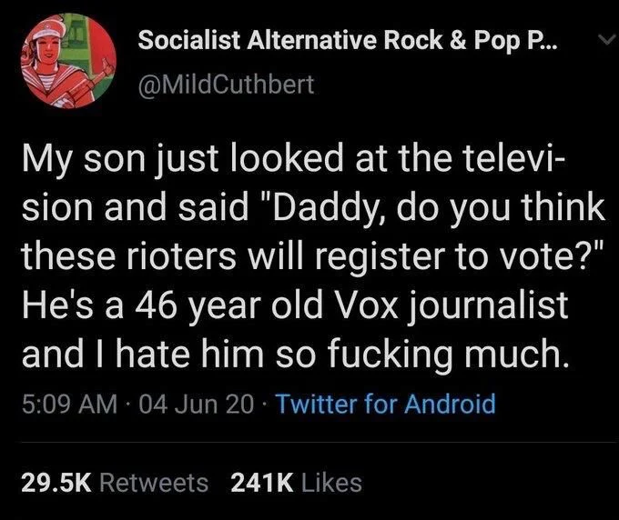 My son just looked at the television and said, “daddy do you think these rioters will register to vote?” He’s a 46 year old vox journalist and I hate him so fucking much￼