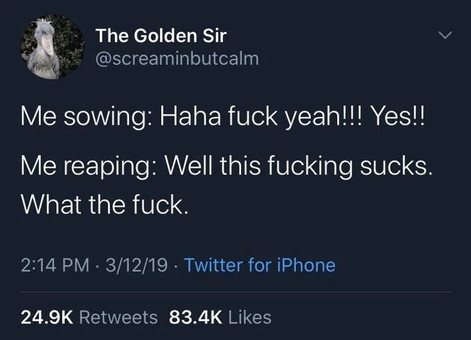 Me sowing: haha fuck yeah!!! Yes!!

Me reaping: well this fucking sucks. What the fuck