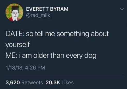 Date: so tell me something about yourself

Me: I am older than every dog