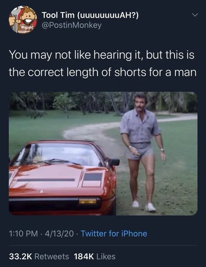Took Tim: you may not like hearing it, but this is the correct length of shorts for a man

(Magnum P.I. with the most provocatively short shorts you’ve ever seen)
