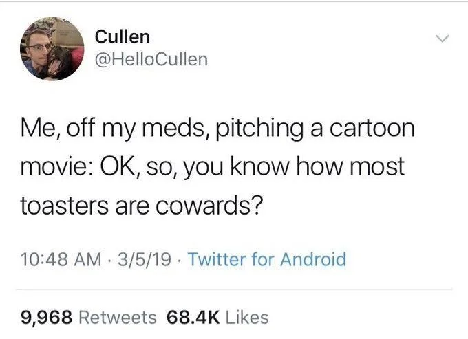 me, off my meds,  pitching a cartoon movie: OK, so, you know how most toasters are cowards