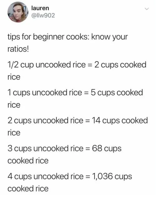tips for beginner cooks: know your ratios!
1/2 cup uncooked rice = 2 cups cooked rice
1 cups uncooked rice = 5 cups cooked rice
2 cups uncooked rice = 14 cups cooked rice
3 cups uncooked rice = 68 cups cooked rice
4 cups uncooked rice = 1,036 cups cooked rice
