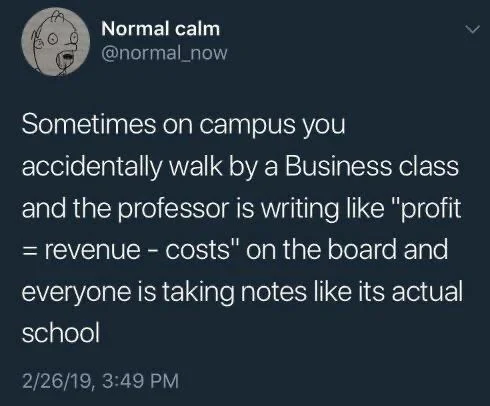 sometimes on campus you accidentally walk by a business class and the professor is writing like “profit = revenue - costs” on the board and everyone is taking notes like it’s actual school