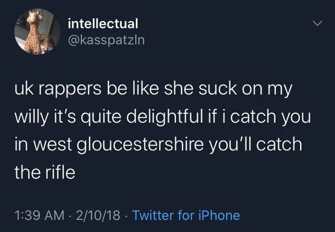uk rappers be like she suck on my willy it’s quite delightful if I catch you in West Gloucester sure you’ll catch the rifle
