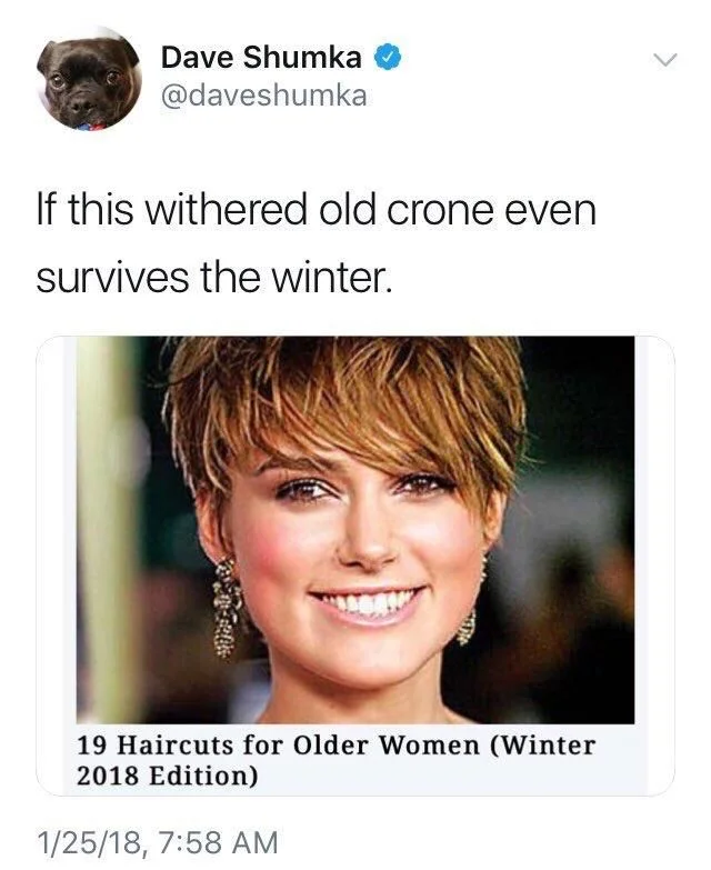 (picture of beautiful young woman with caption “19 haircuts for older women – winter edition”) if this withered old crone even survives the winter