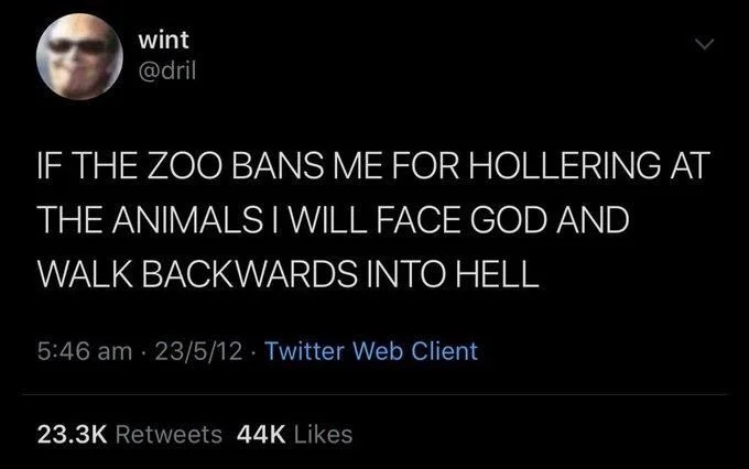 if the zoo bans me for hollering at the animals I will face god and walk backwards into hell