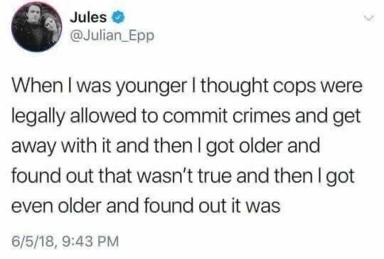 when I was younger I thought cops were legally allowed to commit crimes and get away with it and then I got older and found out that wasn’t true and then I got even older and found out it was