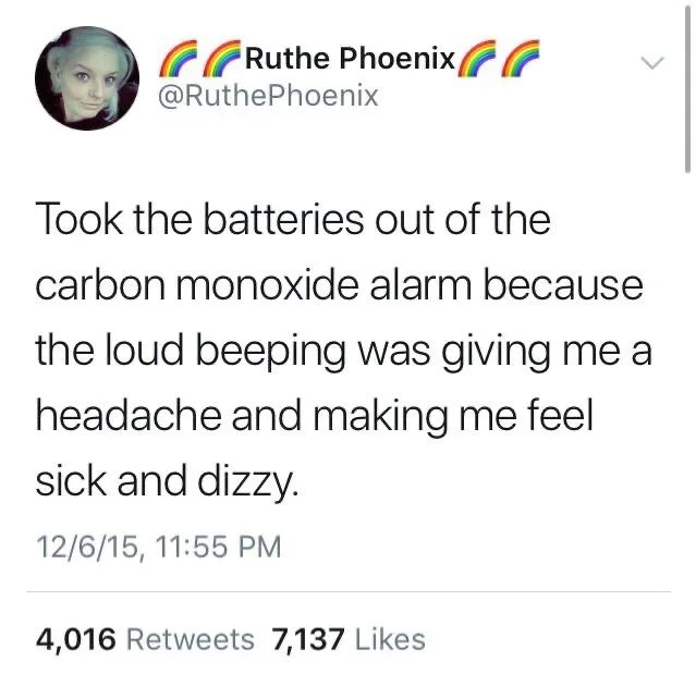 Took the batteries out of the carbon monoxide alarm because the loud beeping was giving me a headache and making me feel sick and dizzy