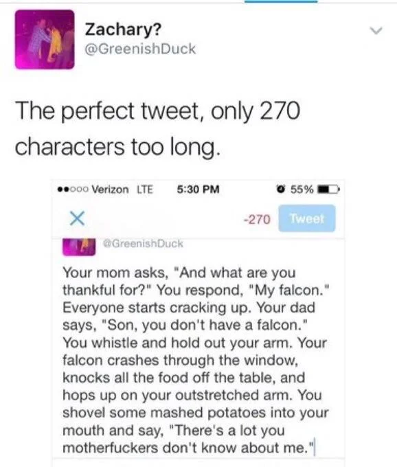 The Perfect tweet, only 270 characters to log: your mom asks, and what are you thankful for? You respond, my falcon. Everyone starts cracking up. Your dad says, son you don’t have a falcon. You whistle and hold out your arm. Your falcon crashes through the window, knocks all the food off the table and hops up on your outstretched arm. You shovel some mashed potatoes into your mouth and say, there’s a lot you motherfuckers don’t know about me￼